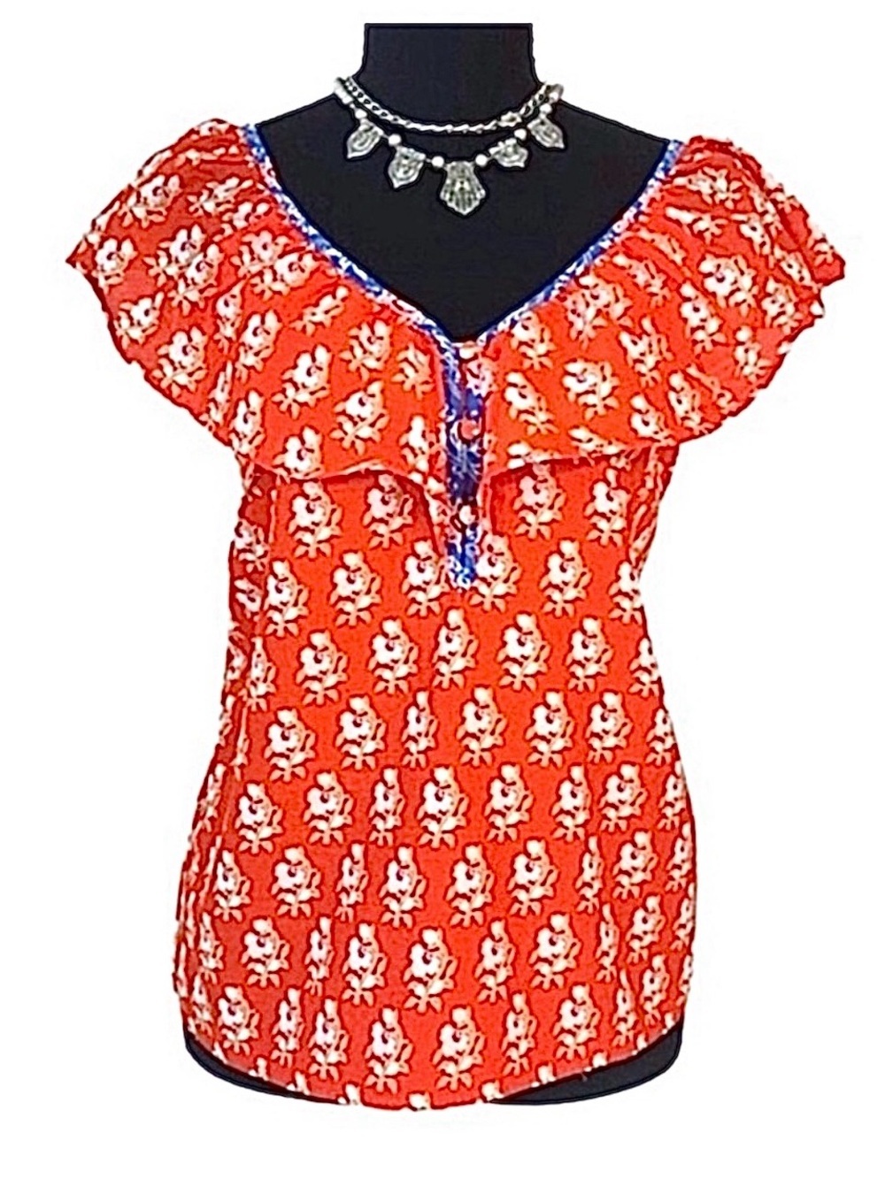 J. CREW ~ Red Floral Ruffled Top w/White Flower Print Blue Trim Details Lined